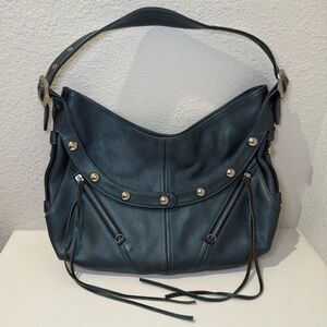 Botkier TRIGGER Mermaid Blue Moto Leather Hobo Shoulder Bag Studded Fringe